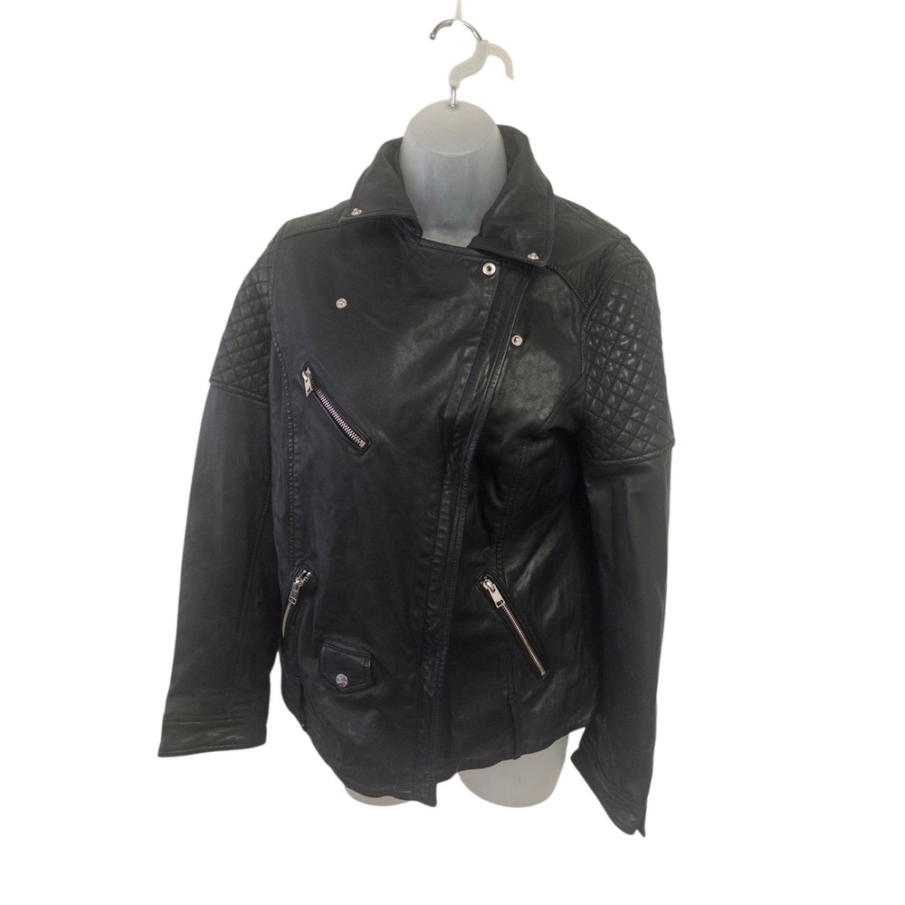 Lamarque Womens Black Leather Quilted Moto Biker Jacket Size M